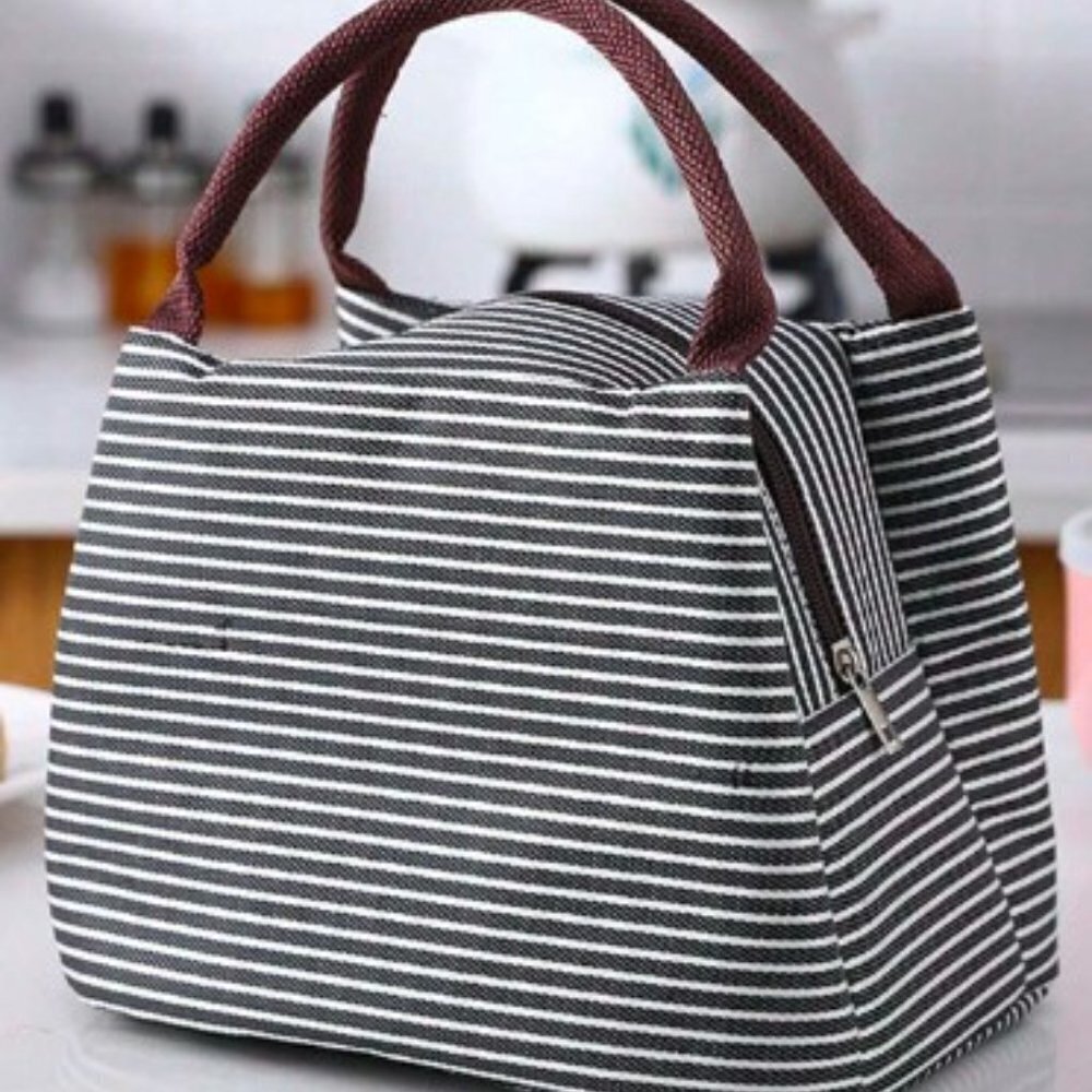 Lunch Bag Insulated Black Stripe Satin Finish Double Handle Zip Closure